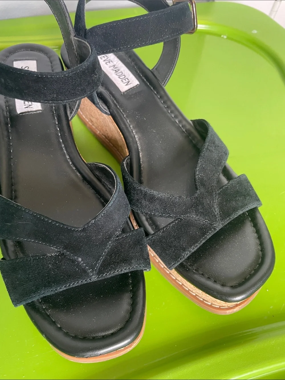 Steve Madden 7.5 Robbin Suede Straps Cork Wedge Open Toe Sandals Summer Resort - Picture 2 of 8